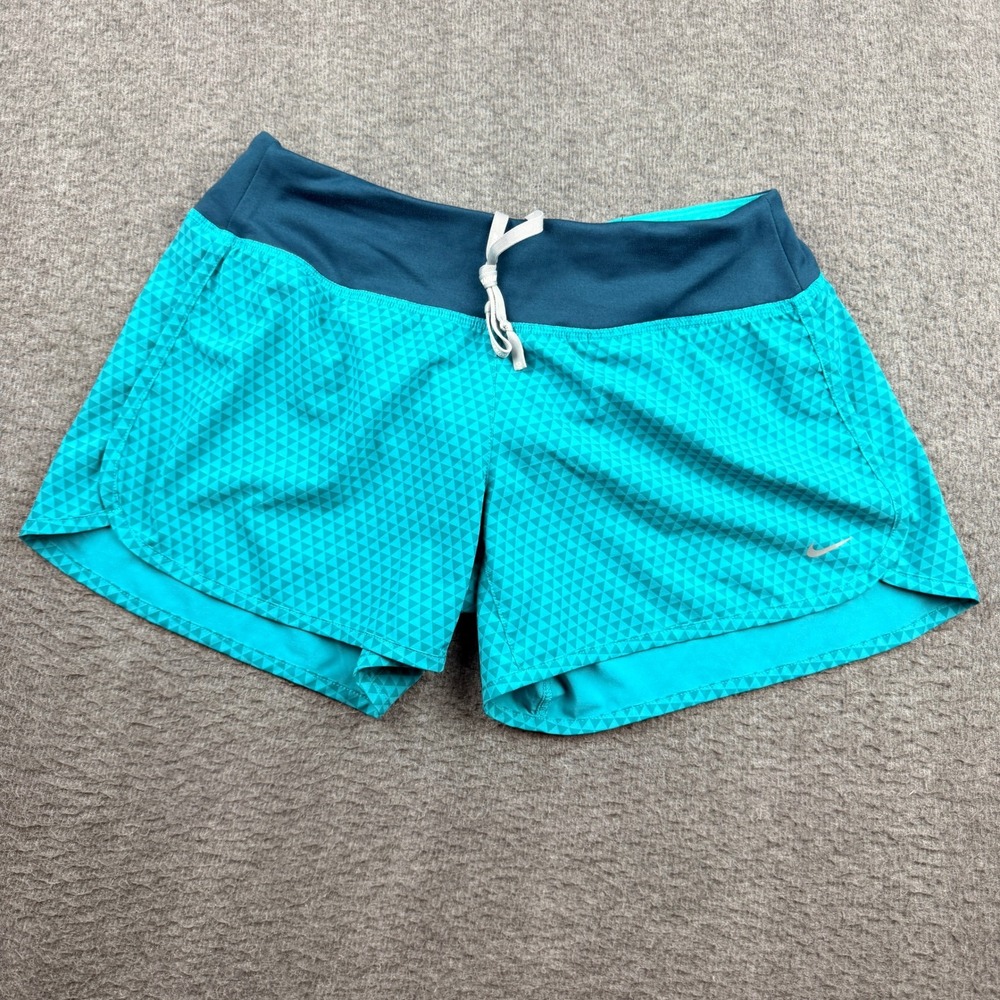 Nike Dri-FIT Women's Running Shorts Teal Triangle Print Rear Zip Pocket Size S